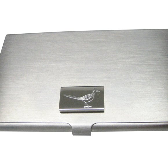 Roadrunner Pin, Southwest Desert, B120, Road Runner Lapel  Silver Toned Rectangular Etched Roadrunner Bird Business Card Holder